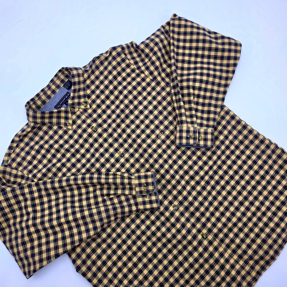 Roper Mens XL Yellow Navy Plaid Button Down Long Sleeve Cotton Shirt 350379835